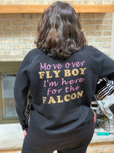 Load image into Gallery viewer, &quot;Move Over Fly Boy, I&#39;m Here for the Falcon&quot; letters are Gold Sparkle and Pink Heat Transfer Vinyl.
